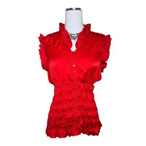 Y2K Agora Red Satin Ruffle Bloomer Button Blouse Size Large
